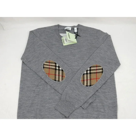 $830 BURBERRY BEMPTON GRAY MERINO WOOL ELBOW CHECK PATCHES PULLOVER SWEATER S